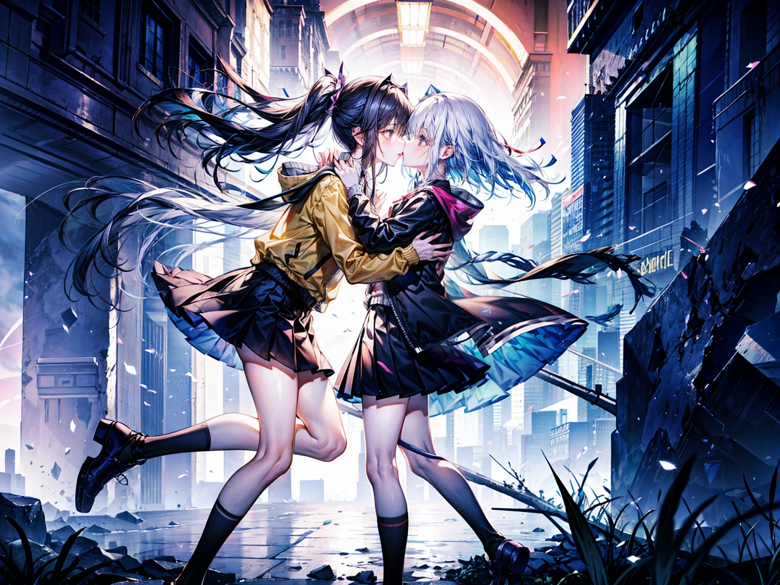 lakeside，two girls，Embrace，kiss，Pure and beautiful，16 years old，jacket，Pleated skirt，White socks，thin legs，Very thin，whole body