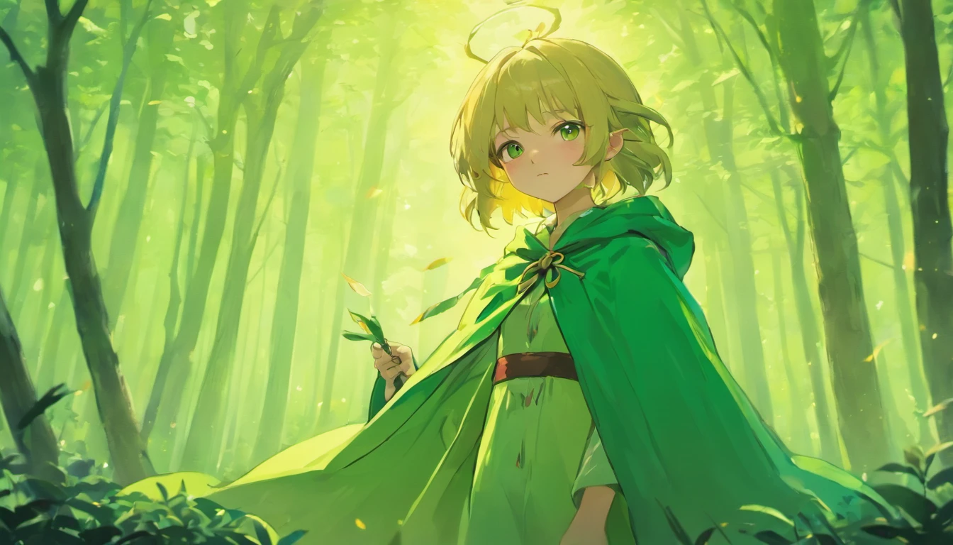 Ryu, Elbow hand pockets, Green Cape, Hooded cloak, Forest Background, Bokeh, Medium Shot, Very detailed, beautiful, masterpiece, Perfect Anatomy, [[Award-winning photography, Macro Photography Vivid Colors]], Atmospheric, Majestic, High resolution, That&#39;s excellent, Very detailed, complicated, Realistic lighting, 4K, (alone:1.2), (cute:1.1), (Anime screenshots), 　in the forest, morning, Carrying a walking stick, elf with pointed ears