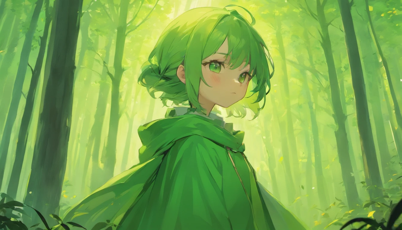 Ryu, Elbow hand pockets, Green Cape, Hooded cloak, Forest Background, Bokeh, Medium Shot, Very detailed, beautiful, masterpiece, Perfect Anatomy, [[Award-winning photography, Macro Photography Vivid Colors]], Atmospheric, Majestic, High resolution, That&#39;s excellent, Very detailed, complicated, Realistic lighting, 4K, (alone:1.2), (cute:1.1), (Anime screenshots), 　in the forest, morning, Carrying a walking stick, elf with pointed ears