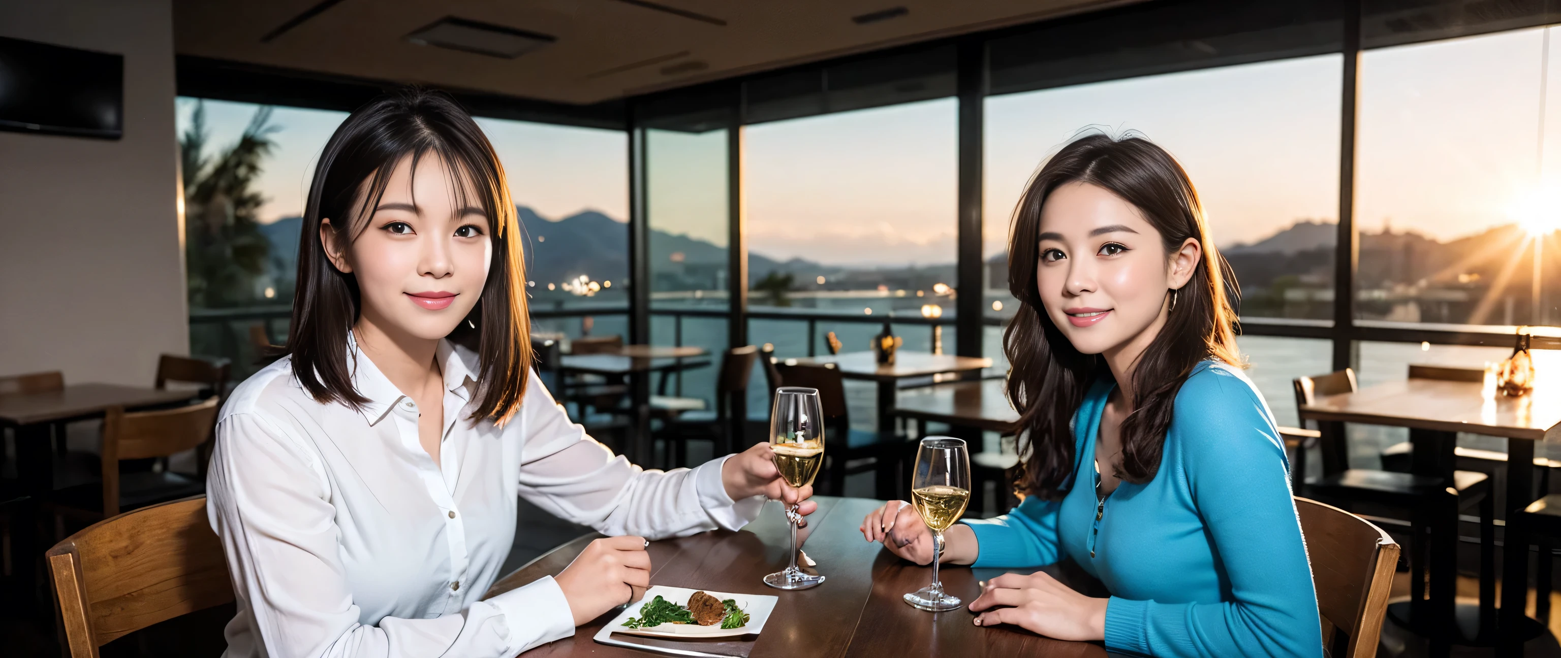 (highest quality、8k、masterpiece:1.3)、Beautiful woman with perfect figure:1.4、Dark brown hair、Wine Party 、2 people、Highly detailed face and skin、Fine grain、double eyelid、Wine glass on the table、Facial lighting、 Amazing view of the sunset sky and clouds、Amazing mountain views、A bright smile、A lovely woman with a smile、Bright image、 Beautiful Face, short hair, (Age 35), 39 years old, Lady、red wine 、Appetizers、Italian food、wine bottle、Champagne、sparkling wine、Two beauties、Brown Hair、Shortcuts、Long sleeve shirt、dress、Pretty Woman 1, (Slim face), (The body is slim), (Brown Hair), (Shortcuts), cheeks turn a little red,Attractive beauty、restaurant, In a prominent place (From the waist up) Nova Frog Style, actress, model, Upper Body, White wine, slim, wine glass, smile, (smile: 1.15), Beautiful fine grain, Depth f/2,saturation, High Contrast, Strong light and shadow,Moist Body:1.5、3D texture、Delicate eyes、Brown Hair、The hair is very shiny、