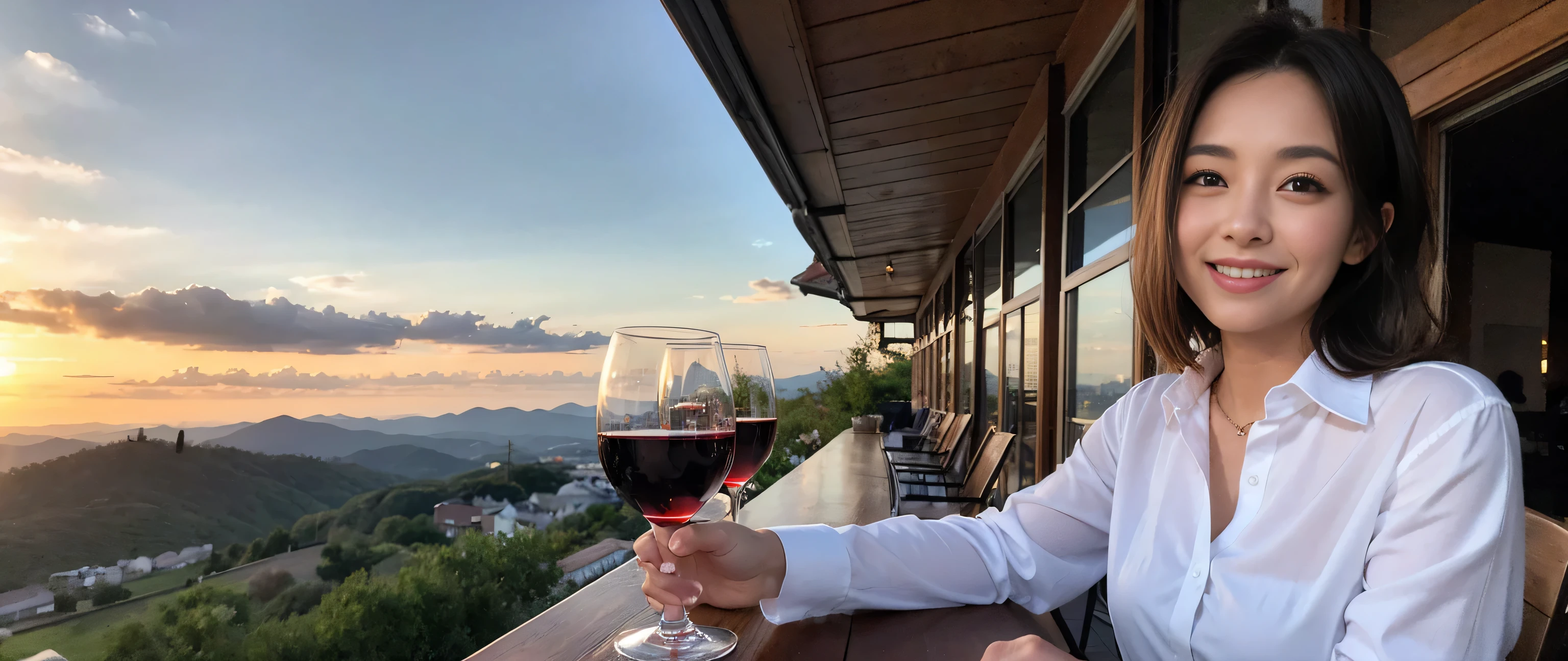(highest quality、8k、masterpiece:1.3)、Beautiful woman with perfect figure:1.4、Dark brown hair、Wine Party 、2 people、Highly detailed face and skin、Fine grain、double eyelid、Wine glass on the table、Facial lighting、 Amazing view of the sunset sky and clouds、Amazing mountain views、A bright smile、A lovely woman with a smile、Bright image、 Beautiful Face, short hair, (Age 35), 39 years old, Lady、red wine 、Appetizers、Italian food、wine bottle、Champagne、sparkling wine、Two beauties、Brown Hair、Shortcuts、Long sleeve shirt、dress、Pretty Woman 1, (Slim face), (The body is slim), (Brown Hair), (Shortcuts), cheeks turn a little red,Attractive beauty、restaurant, In a prominent place (From the waist up) Nova Frog Style, actress, model, Upper Body, White wine, slim, wine glass, smile, (smile: 1.15), Beautiful fine grain, Depth f/2,saturation, High Contrast, Strong light and shadow,Moist Body:1.5、3D texture、Delicate eyes、Brown Hair、The hair is very shiny、