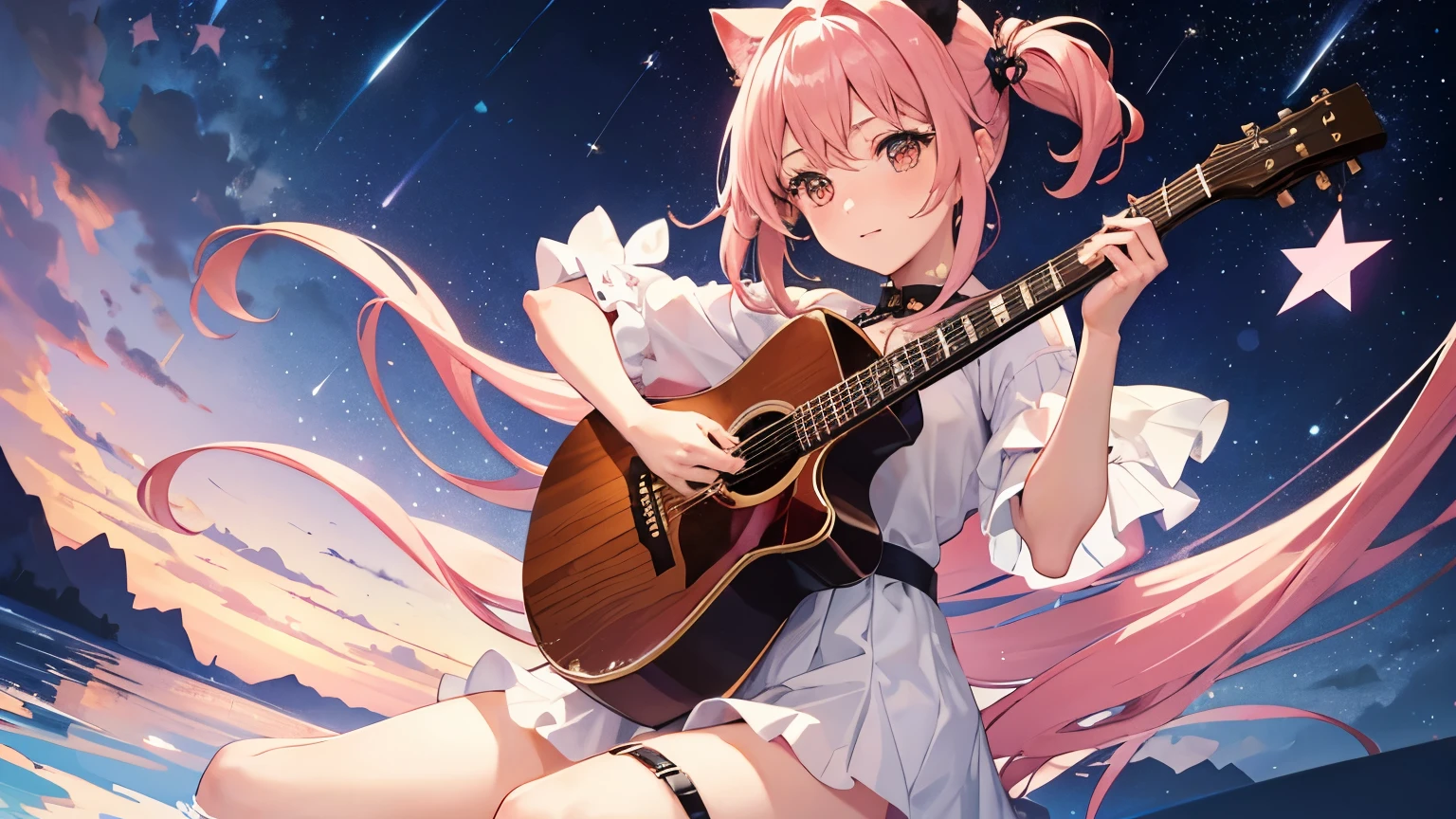 picture a scene of a girl playing the guiter alone with stars in the sky. Anime, pink hair, cat ears. That's her charm.
