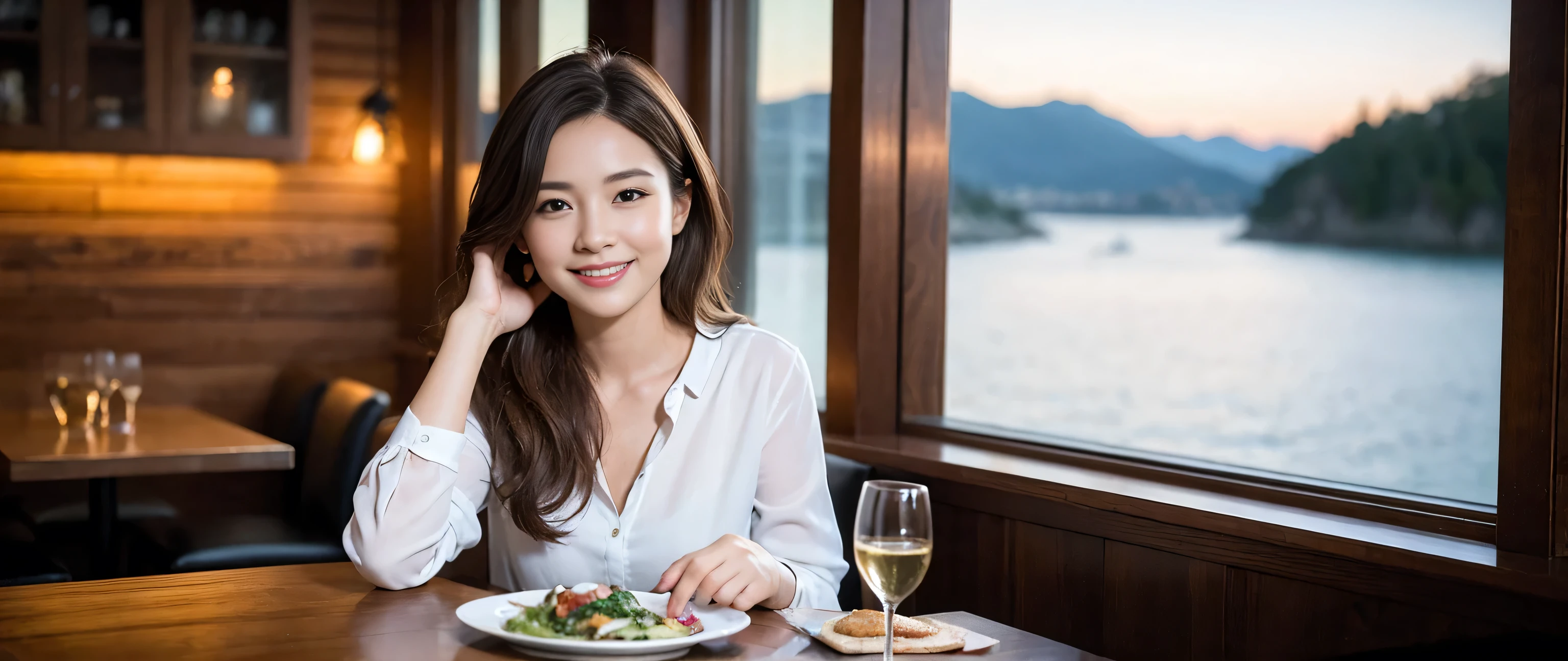 (highest quality、8k、masterpiece:1.3)、Beautiful woman with perfect figure:1.4、Dark brown hair、Wine Party 、2 people、Highly detailed face and skin、Fine grain、double eyelid、Wine glass on the table、Facial lighting、 Amazing view of the sunset sky and clouds、Amazing mountain views、A bright smile、A lovely woman with a smile、Bright image、 Beautiful Face, short hair, (Age 35), 39 years old, Lady、red wine 、Appetizers、Italian food、wine bottle、Champagne、sparkling wine、Two beauties、Brown Hair、Shortcuts、Long sleeve shirt、dress、Pretty Woman 1, (Slim face), (The body is slim), (Brown Hair), (Shortcuts), cheeks turn a little red,Attractive beauty、restaurant, In a prominent place (From the waist up) Nova Frog Style, actress, model, Upper Body, White wine, slim, wine glass, smile, (smile: 1.15), Beautiful fine grain, Depth f/2,saturation, High Contrast, Strong light and shadow,Moist Body:1.5、3D texture、Delicate eyes、Brown Hair、The hair is very shiny、