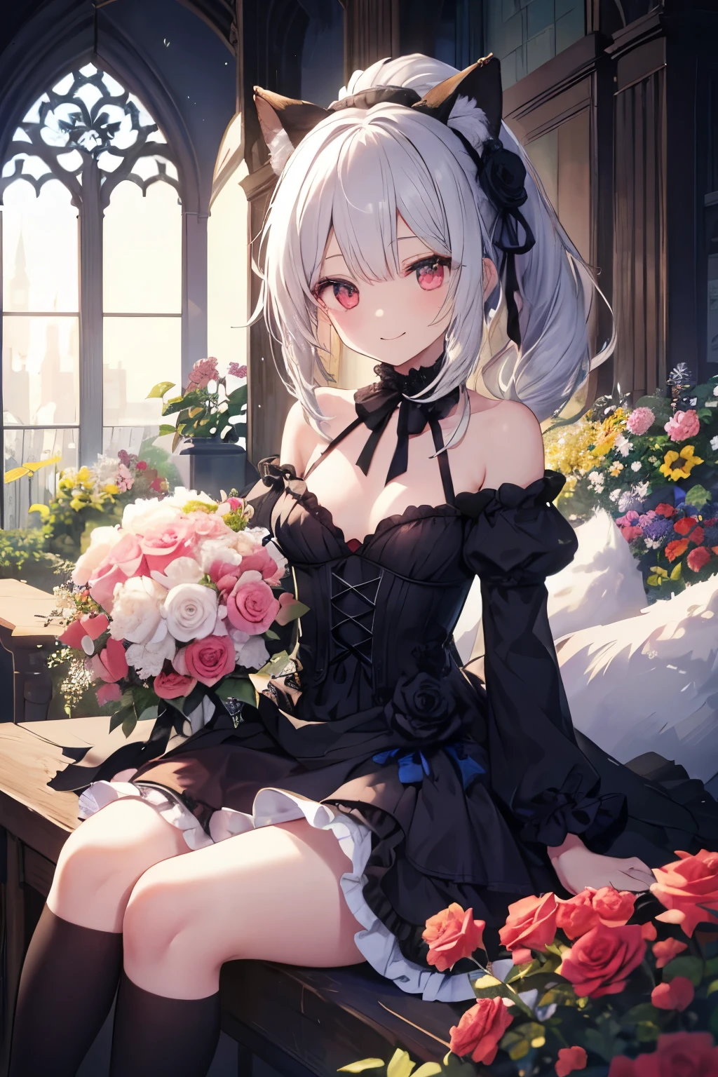 Silver Hair、Red Eye、Fox ears、girl、Small breasts、ponytail、girl、Small breasts、ta、Bright smile、Looks about 15 yan Musume、Short、目のhighlight、Sexy thighs、Flower Garden、color々The flowers are still blooming、bouquet、Rose Gothic Lolita Dress Cos、Your eyes are so beautiful、highlight
