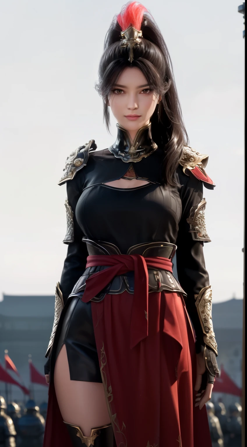 standing in front of a group of people in armor standing in a field with flags in the background,a line of Red flags and a building,
Red outfit,Shoulder_armor,armor,armoRed dress, armoRed boots,Red_cape,High_collar,She has a helmet on her head,
Keep_arms,spear,actual, tHighHighs,,
Bangs,Black_hair,Brown_Eye,long_hair,turtleneck sweater,
1 girl, 20 years,adult,beautiful Finger,beautiful long legs,beautiful body,beautiful Nose,beautiful character design, perfect Eye, perfect Face,
looking at the audience, 
NSFW,official art,Extremely detailed CG unified 8k wallpaper, perfect lighting,rich and colorful, bright_front_Face_light,
(masterpiece:1.0),(the best_quality:1.0), ultra High res,4k,Super detailed,
photography, 8k, high dynamic range, Highres, Ridiculous:1.2, Kodak Portrait 400, film grain, blurred background, Bokeh:1.2, lens flare, (Energetic_color:1.2)
(beautiful,big deal_breast:1.4), (beautiful_Face:1.5),(narrow_waist),