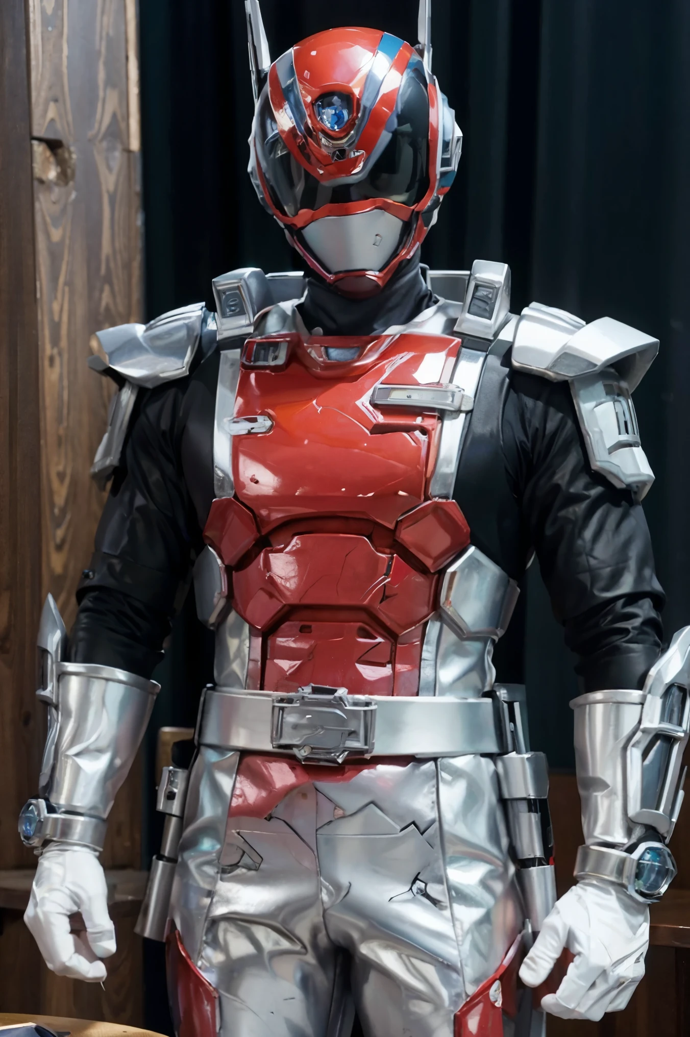 Fantasy background, cafe rpg style, empty chair, table, set of tea glass, (power rangers)), One guy、gold, white based, red and blue chest armor costume, Solo, ((fit figure)), (Anatomically correct), Cowboy shot, masked face, guns, muscular build