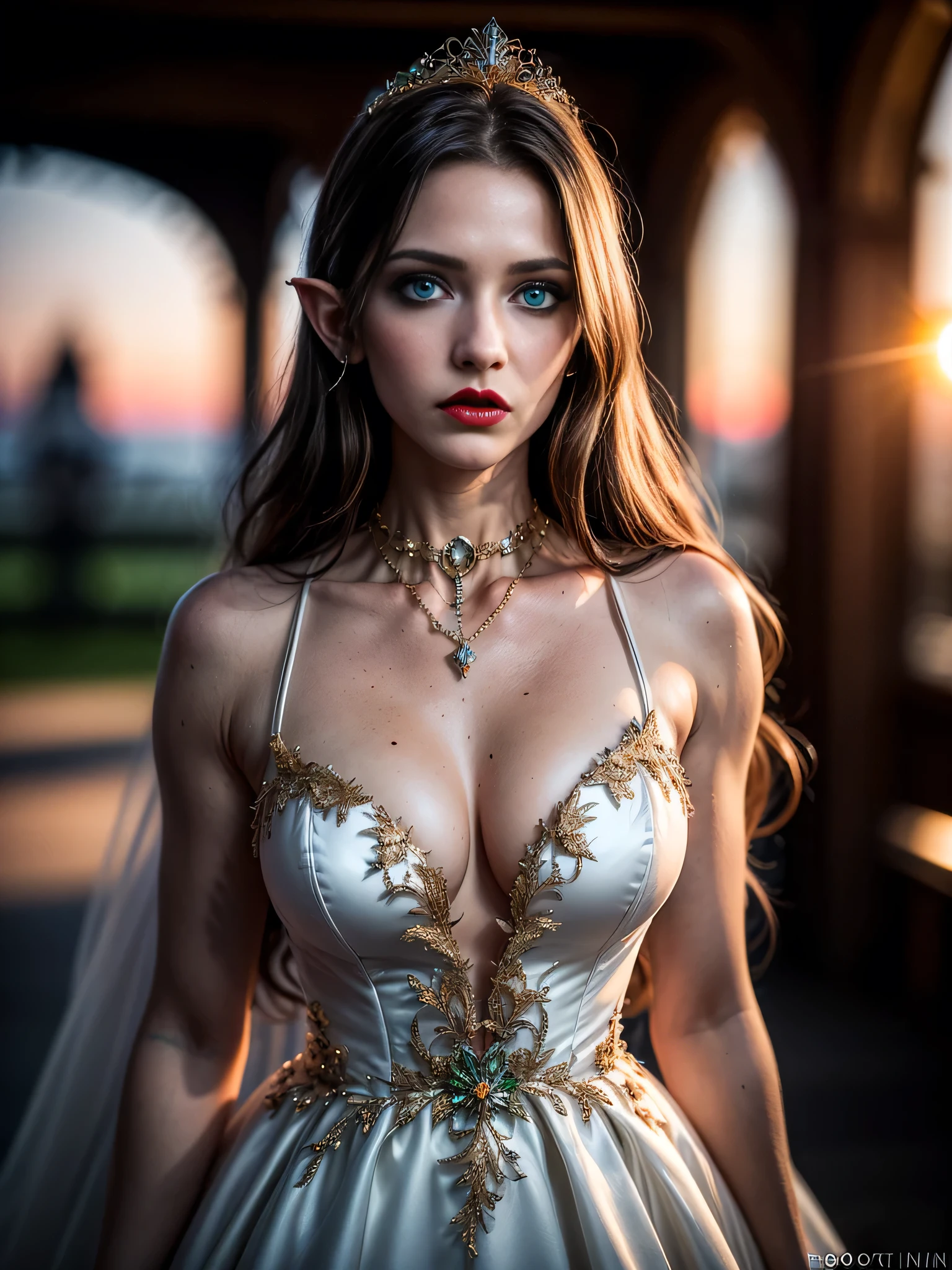 (masterpiece), (extremely intricate:1.3), (realistic), portrait of a muscular girl, ((((detailed mature 40year elven woman, ((blackout gothic eye makeup, red lips, strong square cleft chin, arrogant, [small breasts:medium breasts:0.8]), diamond tiara, golden hour, clear green eyes, long straight ginger hair, wedding dress, tanned skin)), emerald necklace)), freckles: 1.0, professional lighting, photon mapping, radiosity, physically based rendering, ultra resolution, hyper-realistic), metal reflections, upper body, outdoors, intense sunlight, far away castle, professional photograph of a stunning woman detailed, sharp focus, dramatic, award winning, cinematic lighting, volumetrics dtx, (film grain, blurry background, blurry foreground, bokeh, depth of field, sunset, interaction, photorealistic:1.4), 8K