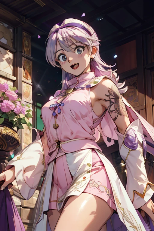 masterpiece, highest quality, Adult women,Very detailed,Rin々Nice face,Open Mouth Smile,White, pink, and purple adventurer uniform,Medieval Europe,Show your armpits,Black eyes,The dignity of a hero,,Small hair ornament,tattoo,Cape,Legs visible through the skirt,Natural Beauty,Cinematic,Large Breasts,Cleavage,