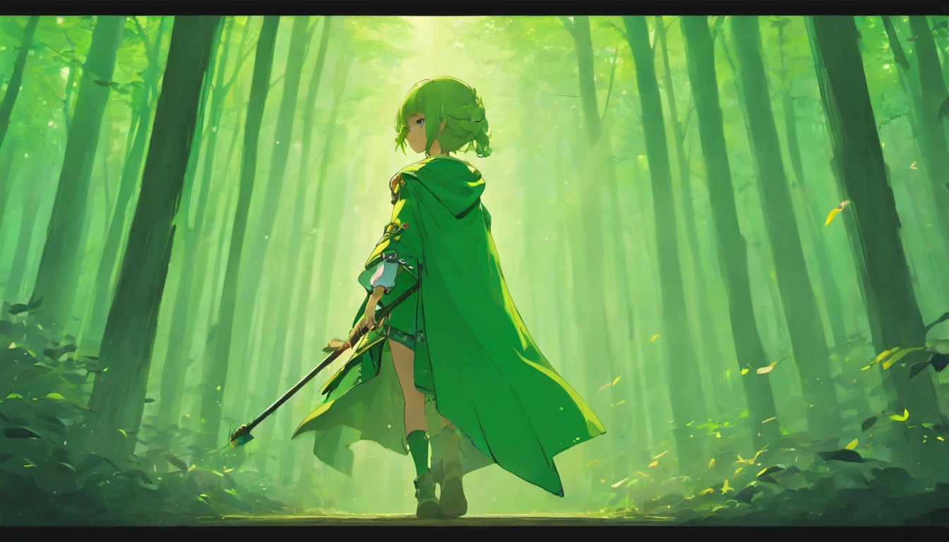 Ryu, Elbow hand pockets, Green Cape, Hooded cloak, Forest Background, Bokeh, Medium Shot, Very detailed, beautiful, masterpiece, Perfect Anatomy, [[Award-winning photography, Macro Photography Vivid Colors]], Atmospheric, Majestic, High resolution, That&#39;s excellent, Very detailed, complicated, Realistic lighting, 4K, (alone:1.2), (cute:1.1), (Anime screenshots), 　in the forest, morning, Carrying a walking stick, elf with pointed ears,　The whole body is shown, Back view