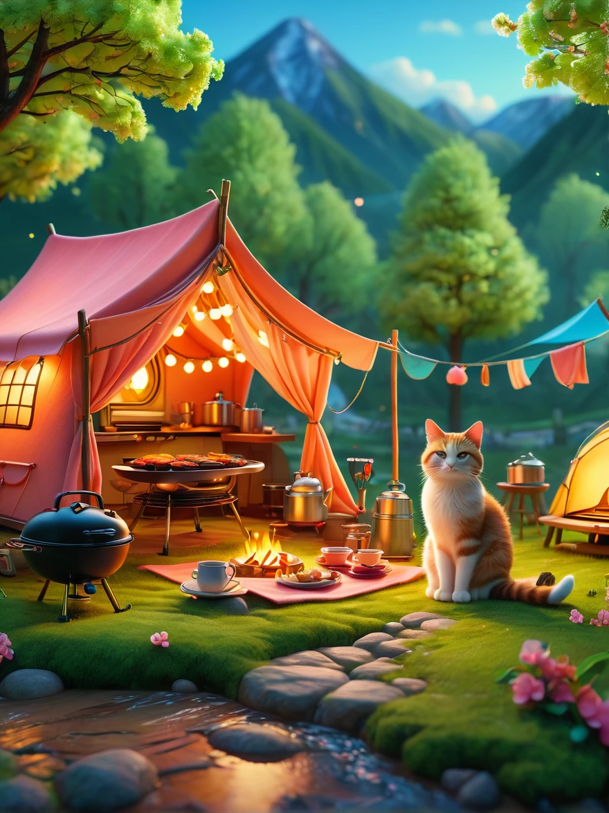 Create miniature images in a lovely wool felt world，(Spring camping site:1.3)，1girl，Cat，Peach Blossom，tent，BBQ grill and summer landscape，The scene is rendered with lights，Using technology and style reminiscent of Pixar animations，Using Octane Render and Maxon Cinema 4D to generate highly detailed 3D，8k，Use warm light to emphasize mood lighting，And freeze the shot as a long shot or super long shot，To capture a wide range of details and atmosphere