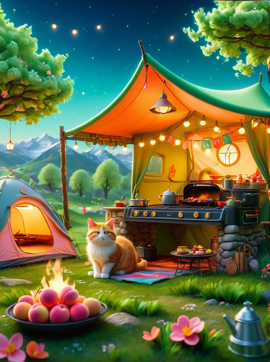 Create miniature images in a lovely wool felt world，(Spring camping site:1.3)，1girl，Cat，Peach Blossom，tent，BBQ grill and summer landscape，The scene is rendered with lights，Using technology and style reminiscent of Pixar animations，Using Octane Render and Maxon Cinema 4D to generate highly detailed 3D，8k，Use warm light to emphasize mood lighting，And freeze the shot as a long shot or super long shot，To capture a wide range of details and atmosphere