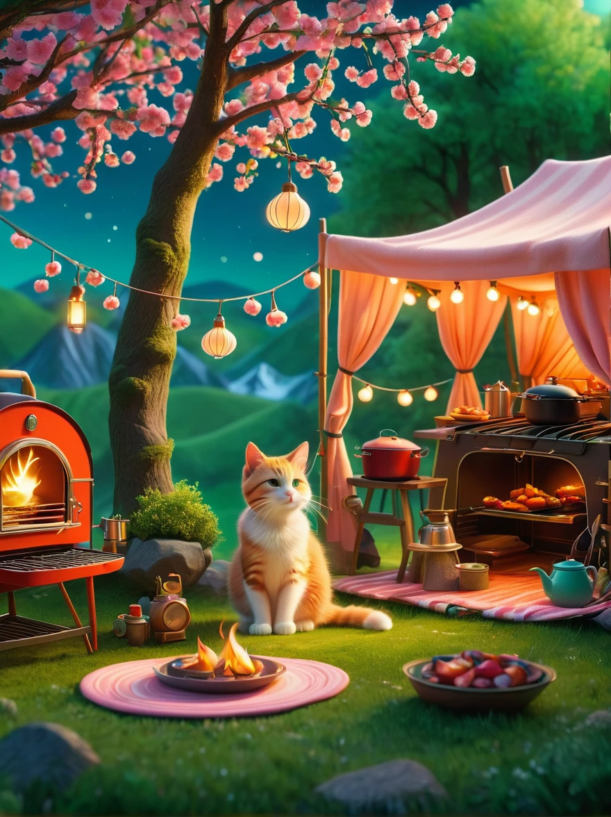 Create miniature images in a lovely wool felt world，(Spring camping site:1.3)，1girl，Cat，Peach Blossom，tent，BBQ grill and summer landscape，The scene is rendered with lights，Using technology and style reminiscent of Pixar animations，Using Octane Render and Maxon Cinema 4D to generate highly detailed 3D，8k，Use warm light to emphasize mood lighting，And freeze the shot as a long shot or super long shot，To capture a wide range of details and atmosphere