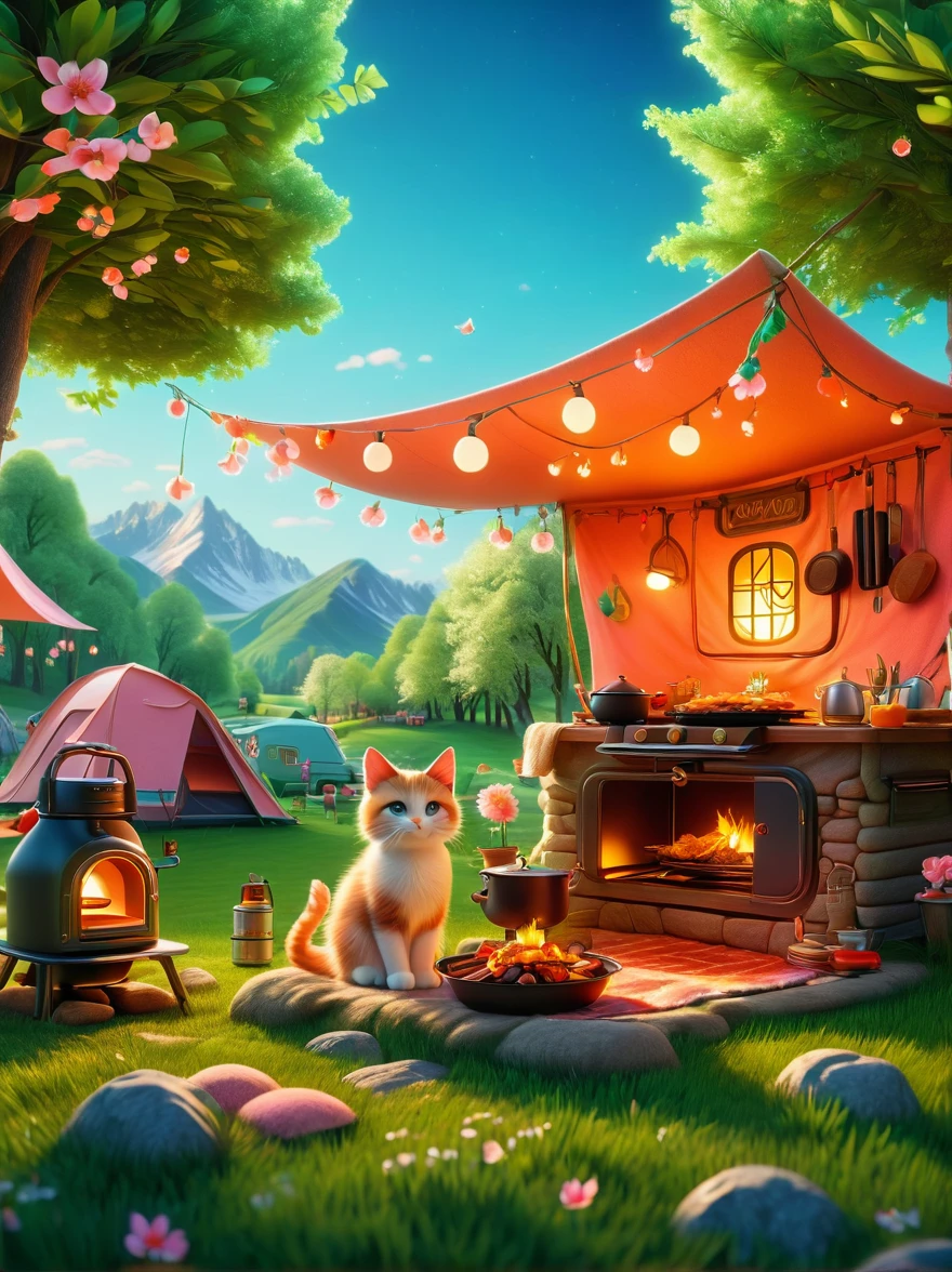 Create miniature images in a lovely wool felt world，(Spring camping site:1.3)，1girl，Cat，Peach Blossom，tent，BBQ grill and summer landscape，The scene is rendered with lights，Using technology and style reminiscent of Pixar animations，Using Octane Render and Maxon Cinema 4D to generate highly detailed 3D，8k，Use warm light to emphasize mood lighting，And freeze the shot as a long shot or super long shot，To capture a wide range of details and atmosphere