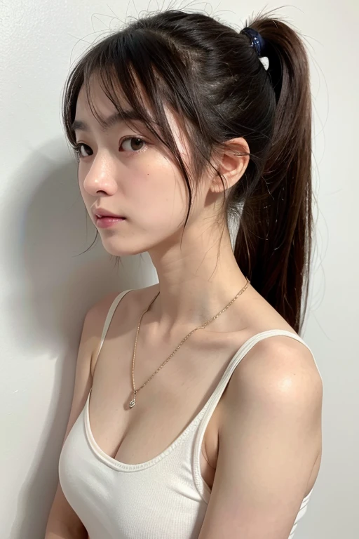 (Highly realistic photos, High resolution, Detailed face, Fine Eyes), ((Photographed in front of a white wall))、Japanese women, 20-year-old, Tear bags,A little dark, alone:1, Slim figure, ponytail, one in the photo、Nude、Photographed in natural light、Simple Necklace、Full Body Shot、profile、Dark brown hair color