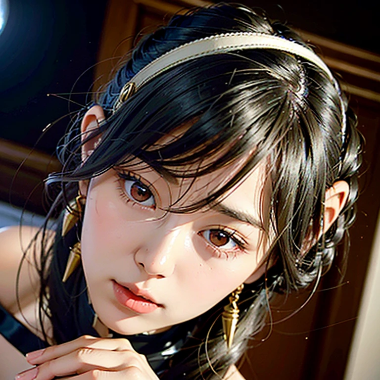 a beautiful young girl with large, expressive eyes, delicate facial features, and fluffy chestnut hair posing confidently while wearing a Spy x Family Yol Forger costume, the image captured as a high-quality, realistic SLR photograph with exceptional detail, vivid colors, and perfect balance, showcasing the girl's striking beauty and the intricate costume design, the lighting and composition drawing the viewer's attention to the subject's captivating gaze.