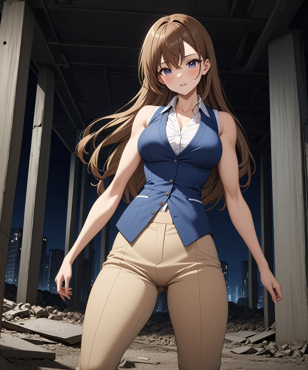 beautiful sexy anime girl with long brown hair & a muscular body, wearing white sleeveless button up collared shirt with a blue vest over it & beige khaki pants, in a abandoned urban construction site at night time, 1girl