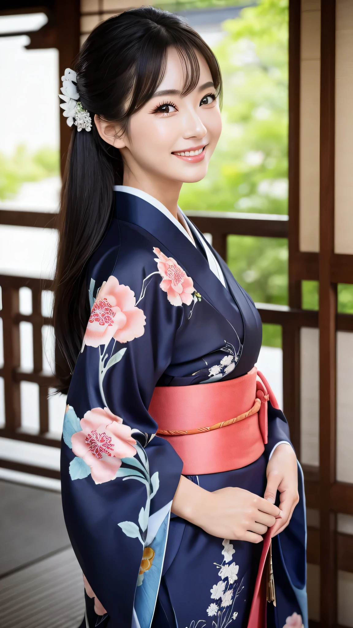 (Super beautiful woman in kimono)、((highest quality、8K masterpiece:1.3))、sharp focus:1.2、(super beautiful face:1.0)、(shiny skin:1.0)、realistic pictures、black hair、video lighting、High resolution eyes and face、video lighting、japanese actress、from the front、with a happy smile、whole body、wearing a kimono、in Kyoto、(luxury obi)、Brush your hair up with your fingers.