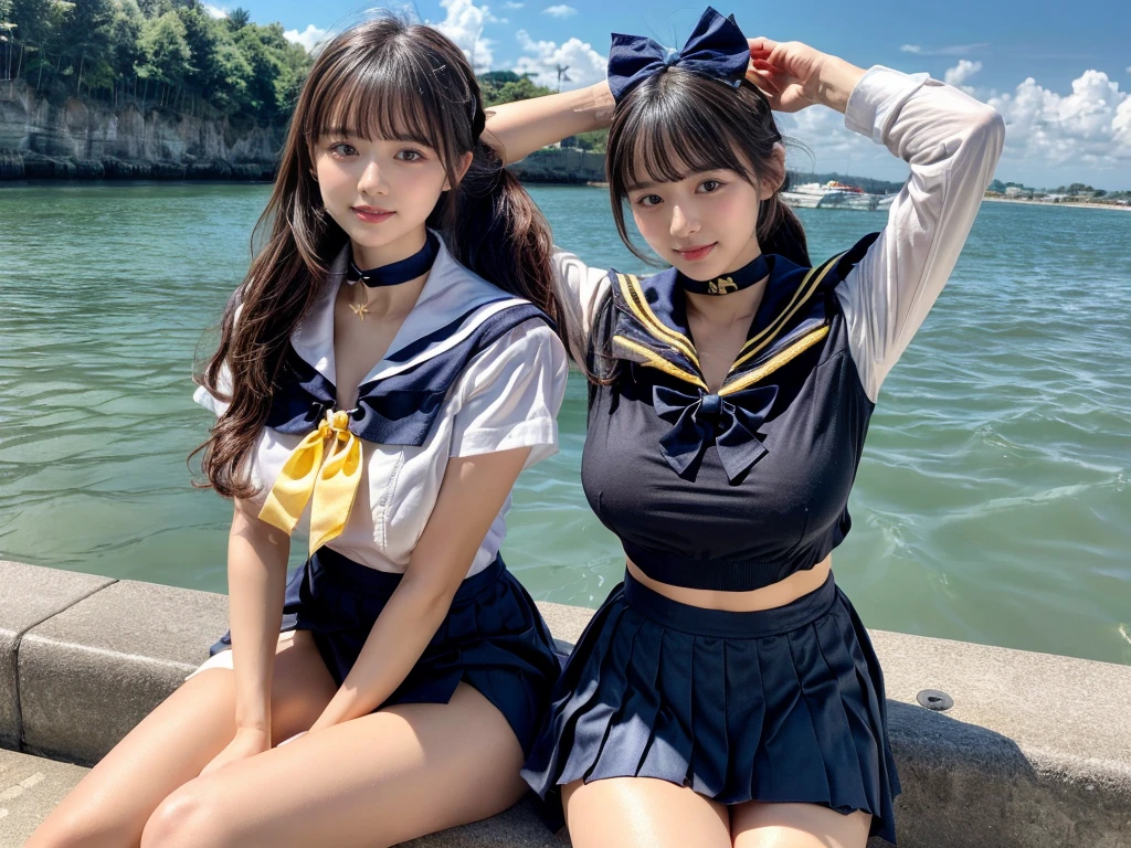 (((very heavy chest))),NSFW, 16k raw photos, highest quality, masterpiece, ultra high resolution, ((She is wearing Beautiful exposed redShe is wearing (a high school sailor uniform).
(navy sailor collar:1.4),(white shirt:1.4),(navy pleats skirt:1.4),(navy bow:1.4))).movie, (2 girls, , 2 schoolgirls),((attractive expression)),eyes shine、 looking at the viewer, natural skin texture very heavy chest))),((( metal black ribbon around the neck))).star handle mold、((yellow eyes)),Realistic eye and face details, lip whole, lipstick makeup), fluffy ponytail hair, laughter, Beautiful feet, tall woman, ((glowing skin)),((Beautiful armpit)), slim_feet, huge breasts, cleavage, beautiful natural places, beautiful flower garden、(detailed background,highly exposed, huge breasts, blurred background,, JK ribbon on the neck, jk ribbon, golden hair, bracelet, water, bangs, split your lips、armpit、beautiful hip line、glowing skin、(((eyes shine brightly))),lotion skin、High leg、((black hair)),highly exposed、Skimpy pink luxury fur coat、beautiful sea background、wind effect、