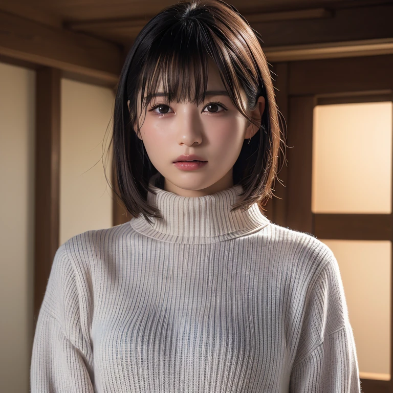 (8k, RAW Photos,highest quality, High resolution:1.1), (超Realisticな:1.4),(Realistic, Realistic:1.3),The Beauty of Japan、sweater, turtleneck, Blunt bangs, Straight hair, Upper Body,