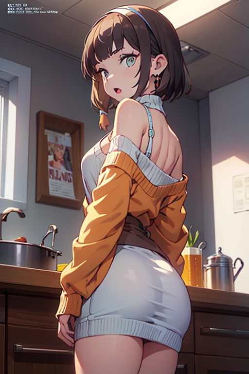 (small breasts:1.3), (perky chest:1.1), (pointed chest:1.0), (fashion magazine cover:1.3)，(from below:1.0),(from side:0.9),masterpiece, 1girl, Amazing Cleavage:1.1, thin waist, big ass, Raised sexy, small breast: 1.3, posed cleavage:1.2、solo, looking at viewer, open mouth, have a cute grass of cute beergrass,black hair, dark green eyes, dress, bare shoulders, jewelry, collarbone, sidelocks, hairband, earrings, indoors, off shoulder, :o, sweater, arms behind back, plant, short hair with long locks, gild hairband, off-shoulder dress, sweater dress, off-shoulder sweater, red sweater, dark gord hair, big side hair, very long side hair,is rendered in (masterpiece: 1.2, best quality), with (ultra high resolution) and an exquisite (depth of field). This masterpiece is not only visually stunning but also tells,A scene of cooking in the kitchen by classroom
