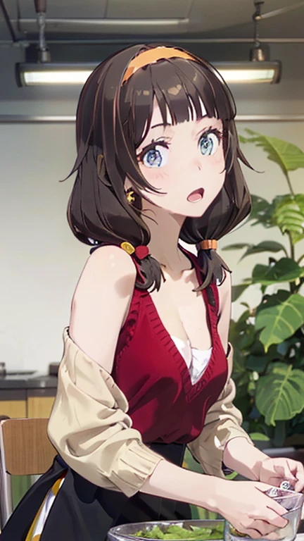 (small breasts:1.3), (perky chest:1.1), (pointed chest:1.0), (fashion magazine cover:1.3),(from below:1.0),(from side:0.9),masterpiece, 1girl, Amazing Cleavage:1.1, thin waist, big ass, Raised sexy, small breast: 1.3, posed cleavage:1.2、solo, looking at viewer, open mouth, have a cute grass of cute beergrass,black hair, dark green eyes, dress, bare shoulders, jewelry, collarbone, sidelocks, hairband, earrings, indoors, off shoulder, :o, sweater, arms behind back, plant, short hair with long locks, gild hairband, off-shoulder dress, sweater dress, off-shoulder sweater, red sweater, dark gord hair, big side hair, very long side hair,is rendered in (masterpiece: 1.2, best quality), with (ultra high resolution) and an exquisite (depth of field). This masterpiece is not only visually stunning but also tells,A scene of cooking in the kitchen by classroom