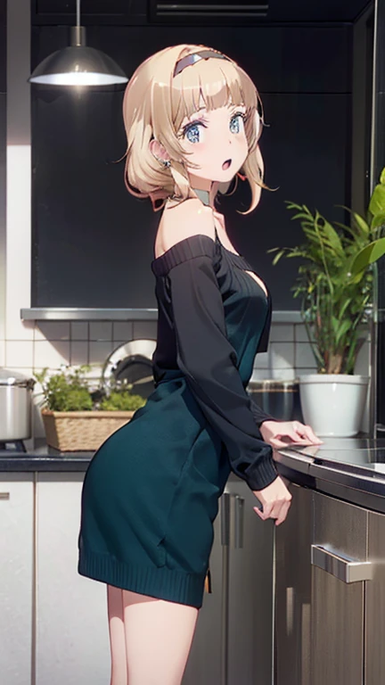 (small breasts:1.3), (perky chest:1.1), (pointed chest:1.0), (fashion magazine cover:1.3),(from below:1.0),(from side:0.9),masterpiece, 1girl, Amazing Cleavage:1.1, thin waist, big ass, Raised sexy, small breast: 1.3, posed cleavage:1.2、solo, looking at viewer, open mouth, have a cute grass of cute beergrass,black hair, dark green eyes, dress, bare shoulders, jewelry, collarbone, sidelocks, hairband, earrings, indoors, off shoulder, :o, sweater, arms behind back, plant, short hair with long locks, gild hairband, off-shoulder dress, sweater dress, off-shoulder sweater, red sweater, dark gord hair, big side hair, very long side hair,is rendered in (masterpiece: 1.2, best quality), with (ultra high resolution) and an exquisite (depth of field). This masterpiece is not only visually stunning but also tells,A scene of cooking in the kitchen by classroom