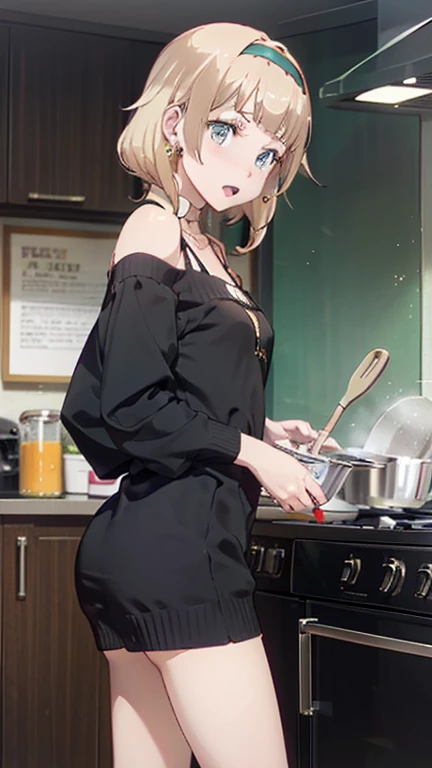 (small breasts:1.3), (perky chest:1.1), (pointed chest:1.0), (fashion magazine cover:1.3)，(from below:1.0),(from side:0.9),masterpiece, 1girl, Amazing Cleavage:1.1, thin waist, big ass, Raised sexy, small breast: 1.3, posed cleavage:1.2、solo, looking at viewer, open mouth, have a cute grass of cute beergrass,black hair, dark green eyes, dress, bare shoulders, jewelry, collarbone, sidelocks, hairband, earrings, indoors, off shoulder, :o, sweater, arms behind back, plant, short hair with long locks, gild hairband, off-shoulder dress, sweater dress, off-shoulder sweater, red sweater, dark gord hair, big side hair, very long side hair,is rendered in (masterpiece: 1.2, best quality), with (ultra high resolution) and an exquisite (depth of field). This masterpiece is not only visually stunning but also tells,A scene of cooking in the kitchen by classroom
