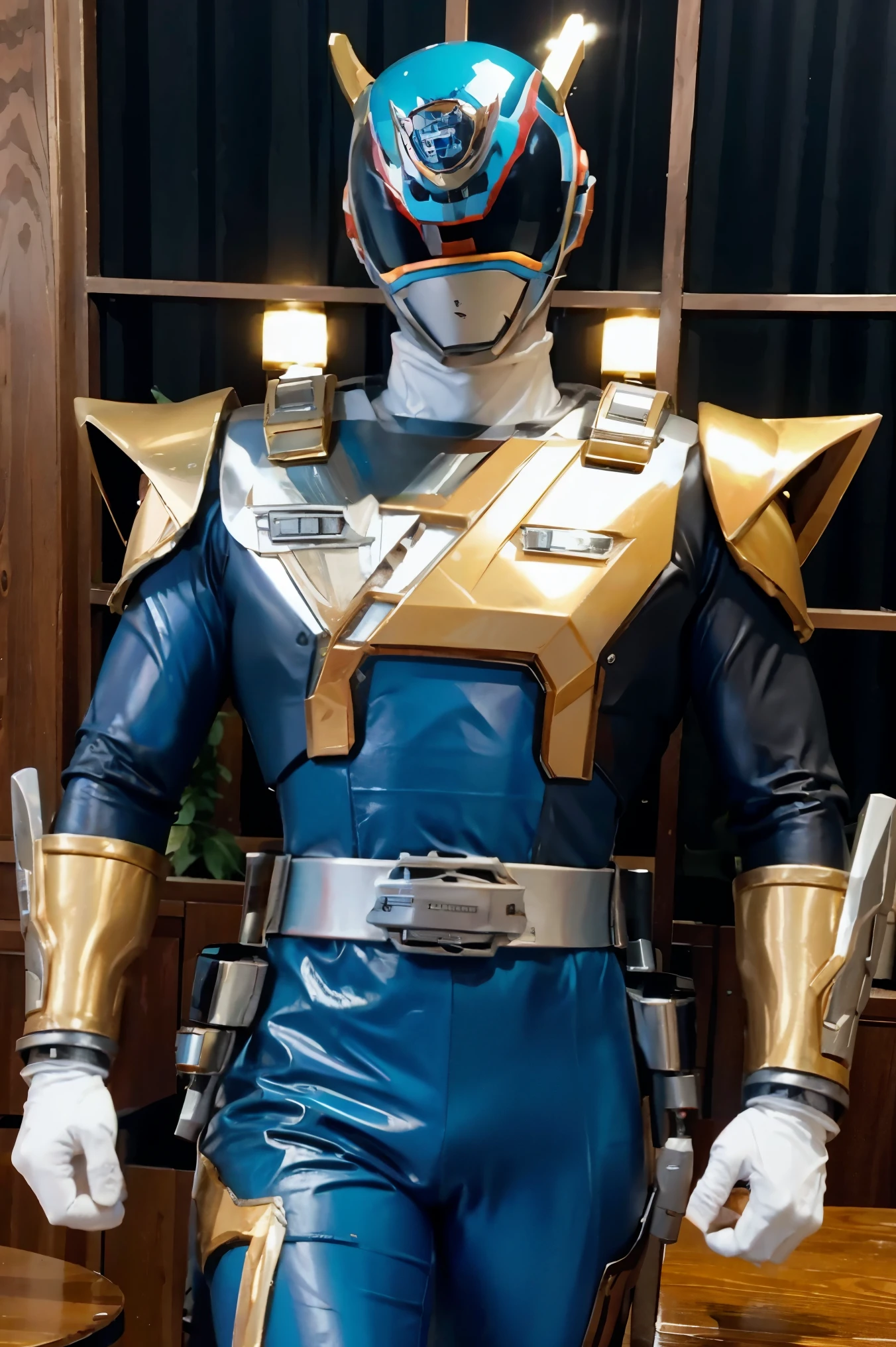 Fantasy background, cafe rpg style, empty chair, table, set of tea glass, (power rangers)), One guy、gold, white based, red and blue chest armor costume, Solo, ((fit figure)), (Anatomically correct), Cowboy shot, masked face, guns, muscular build