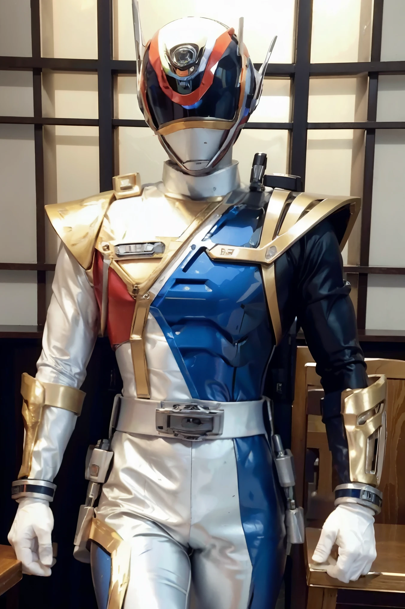 Fantasy background, cafe rpg style, empty chair, table, set of tea glass, (power rangers)), One guy、gold, white based, red and blue chest armor   costume, Solo, ((fit figure)), (Anatomically correct), Cowboy shot, masked face, guns, muscular build