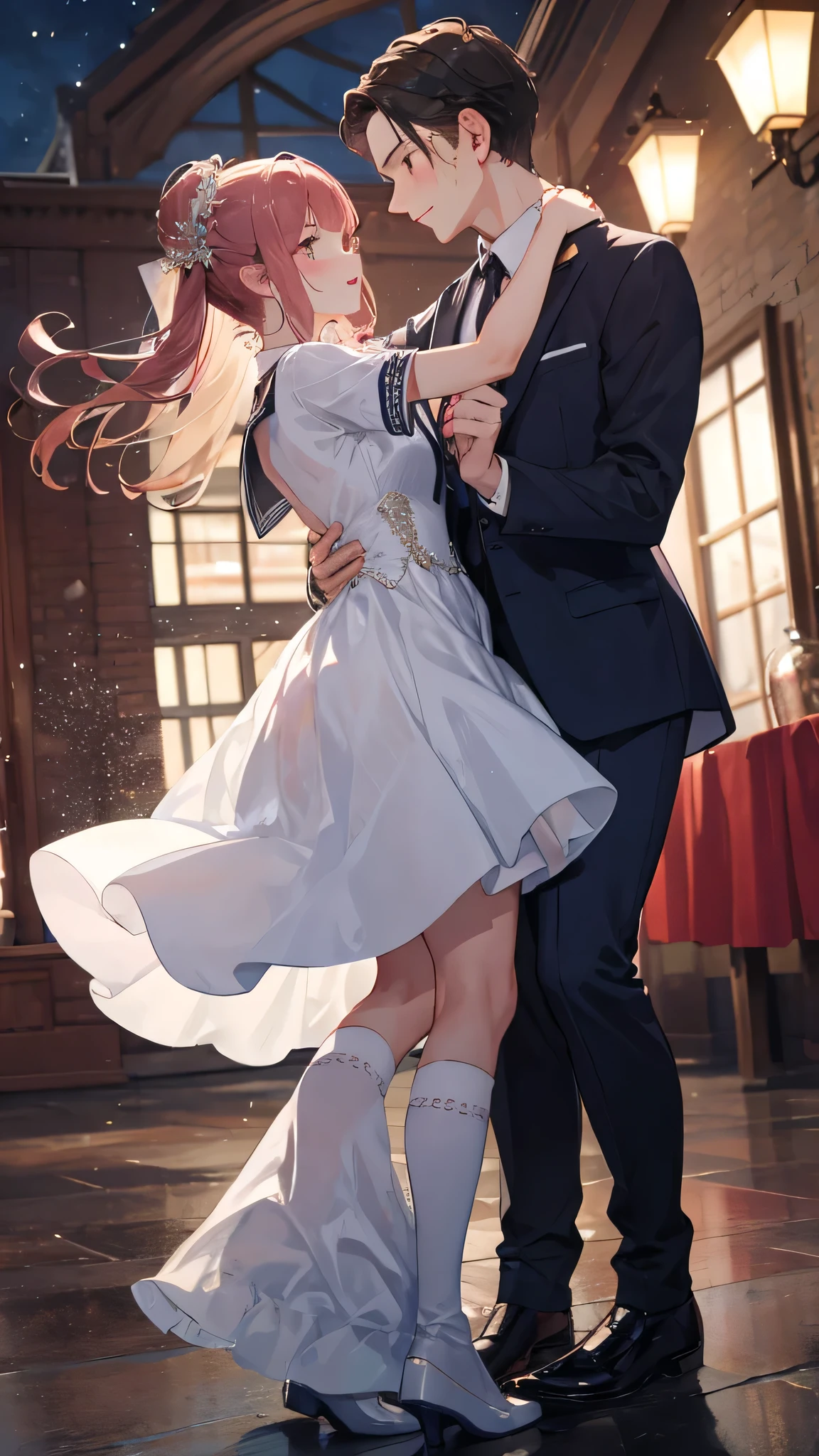 Man and woman dancing together, Lovely, Wearing school uniform, evening dress, dance costume, Head to knee ratio. face camera. Spy x ( Anya x Damian)