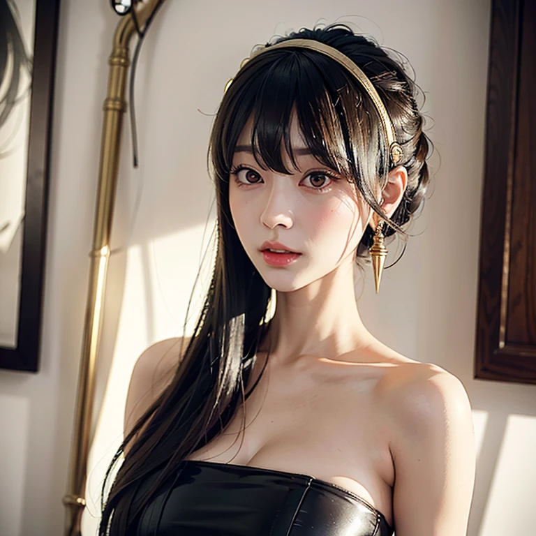 a beautiful young girl with large, expressive eyes, delicate facial features, and fluffy chestnut hair posing confidently while wearing a Spy x Family Yol Forger costume, the image captured as a high-quality, realistic SLR photograph with exceptional detail, vivid colors, and perfect balance, showcasing the girl's striking beauty and the intricate costume design, the lighting and composition drawing the viewer's attention to the subject's captivating gaze.
