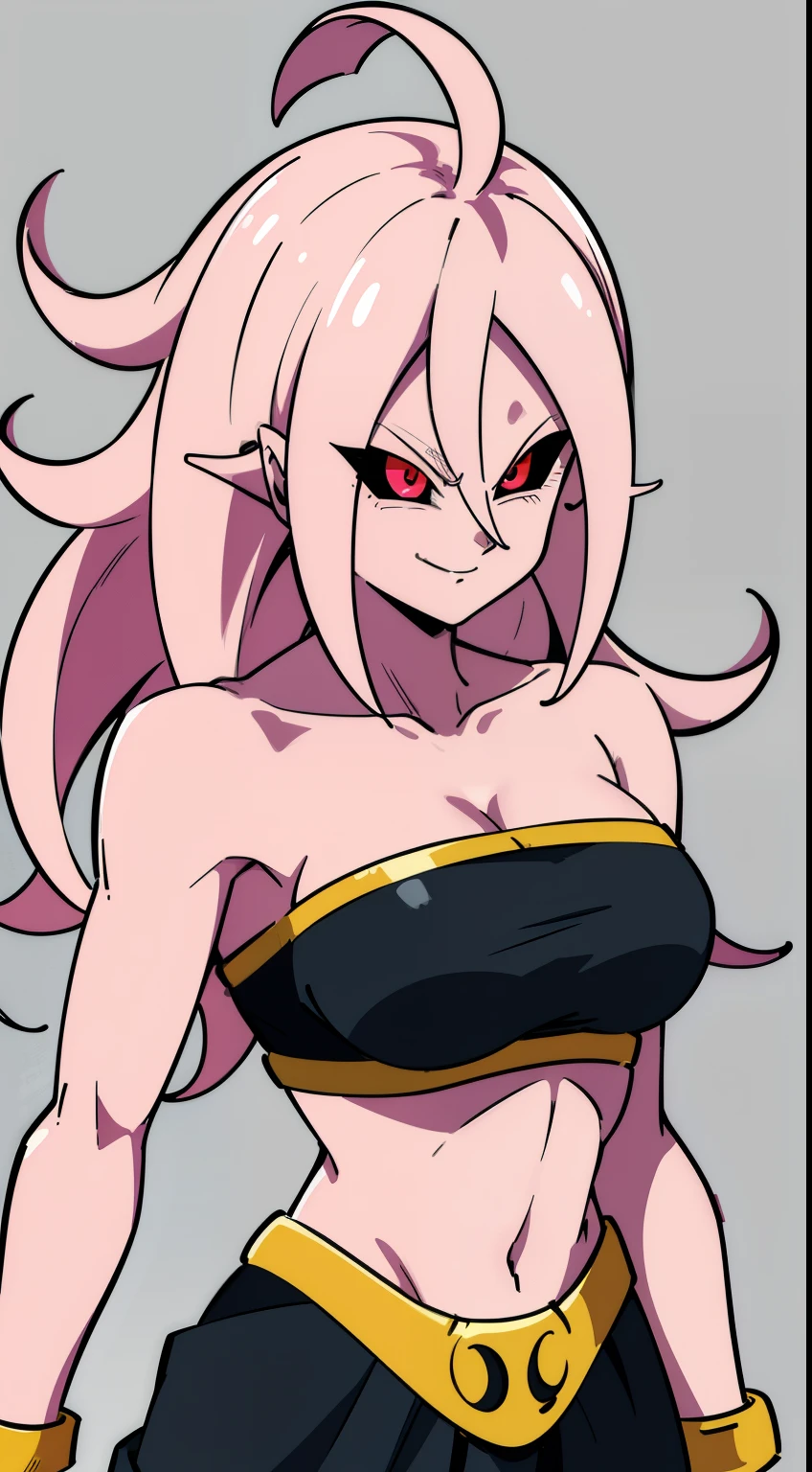 (high-quality, breathtaking),(expressive eyes, perfect face) Symmetrical Eyes, portrait, dragon ball z xenoverse 2, 1girl, female, alien, Majin Race, FMajin, Female Majin Buu, (pink skin:1.1), bubblegum pink skin color, red colored skin, smiling,(black sclera:1.2), red eyes, tentacle hair, baggypants, belt, black tube top, midriff, bare shoulders, alien, M, shoulder holes, standing, no nose, grey background, medium length hair, wavy hair, hair between eyes, Towa
