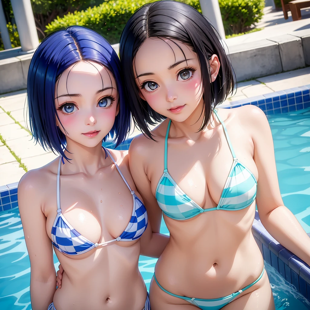 girl、(((1 person)))、Haruna Sairenji、(Light blue checkered micro bikini:1.3、Face Enhancement:1.3, )、、Detailed Hair、Short Bob、Touching your hair、((cowboy shot))、highest quality、Super detailed、Very detailed、Detailed Background、C cup bust、smile、Resort hotels、Outdoor swimming pool、