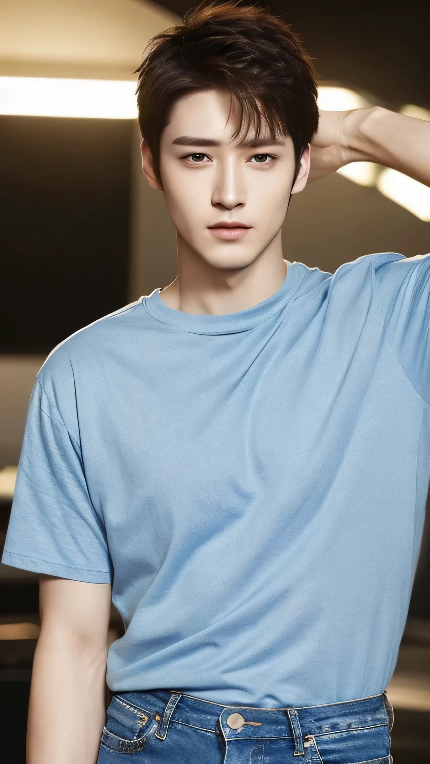 (lifelike, high - resolution:1.3), 1 men with a perfect body, Super fine face and eyes,short hair, t-shirt of random colors:1.2, short jeans