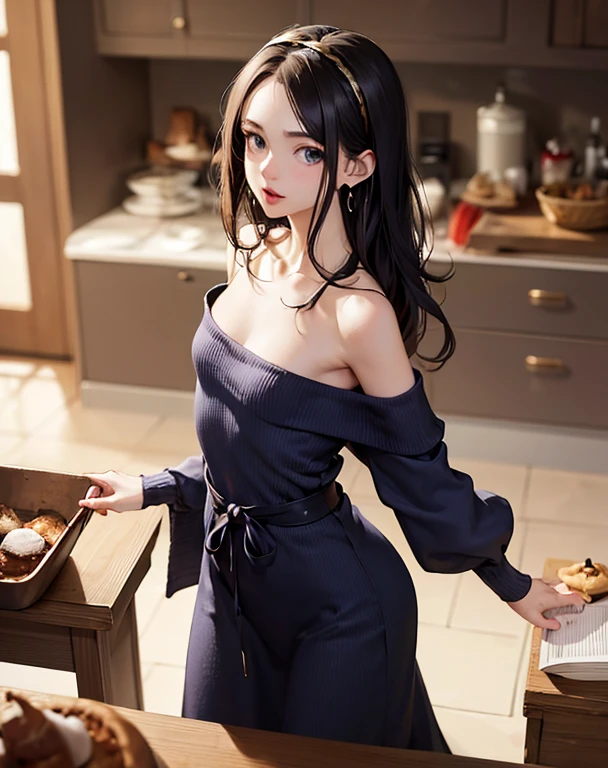 (small breasts:1.3), (perky chest:1.1), (pointed chest:1.0), (Pudding cake magazine cover:1.3)，(from above:1.0),(from side:0.9),masterpiece, 1girl, Amazing Cleavage:1.1, thin waist, big ass, Raised sexy, small breast: 1.3, sexy posed cleavage:1.2,solo, open mouth, have a cute grass of cute beergrass,bronde hair, dark blue eyes, dress, bare shoulders, jewelry, collarbone, sidelocks, hairband, earrings, indoors, off shoulder, sweater, arms behind back, plant, short hair with long locks, gild hairband, sweater dress:1.2, off-shoulder sweater, red sweater, dark gord hair, big side hair, very long side hair,is rendered in (masterpiece: 1.2, best quality), with (ultra high resolution) and an exquisite (depth of field). This masterpiece is not only visually stunning but also tells,A scene of cooking in the kitchen in the classroom ,looking at viewer,
