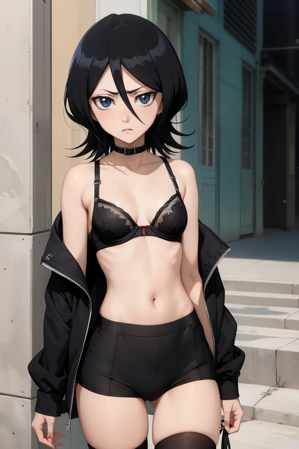 Rukia , anime , masterpiece  , Black color hair, jaqueta aberta open clothes  , bra,  pantie  , long socks,  disappointed face angry  , piercing no umbigo. 