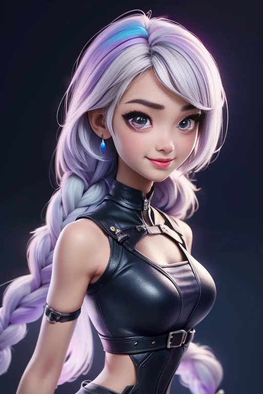 Super cute and beautiful young Cryptic girl in a revealing outfit、She has white hair that reaches her height and is braided in a purple gradient.、smile、Very detailed、4k、8k、High resolution、masterpiece:1.2、Super detailed、Photorealistic、Photorealistic:1.37、HDR、UHD 、Studio Lighting、Ultra Definition Painting、Sharp focus、Physically Based Rendering、Detailed Description、professional、Bright colors、Bokeh、Portrait、cute、cute、Adorable、colorful、Shiny、Shiny、Glowing Skin、Perfect Skin、Captivating eyes、Luscious Lips、Graceful pose、dynamic、Whimsical、Whimsical、Playful、fun、Hilarious、happy、Vibrant、bright、Magical Cryptic Girl