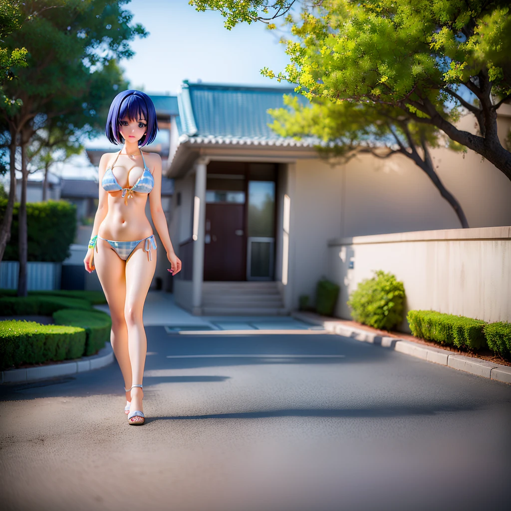 girl、(((1 person)))、Haruna Sairenji、(Light blue checkered micro bikini:1.3、Face Enhancement:1.3, )、、Detailed Hair、Short Bob、Touching your hair、((cowboy shot))、highest quality、Super detailed、Very detailed、Detailed Background、C cup bust、smile、Resort hotels、Outdoor swimming pool、