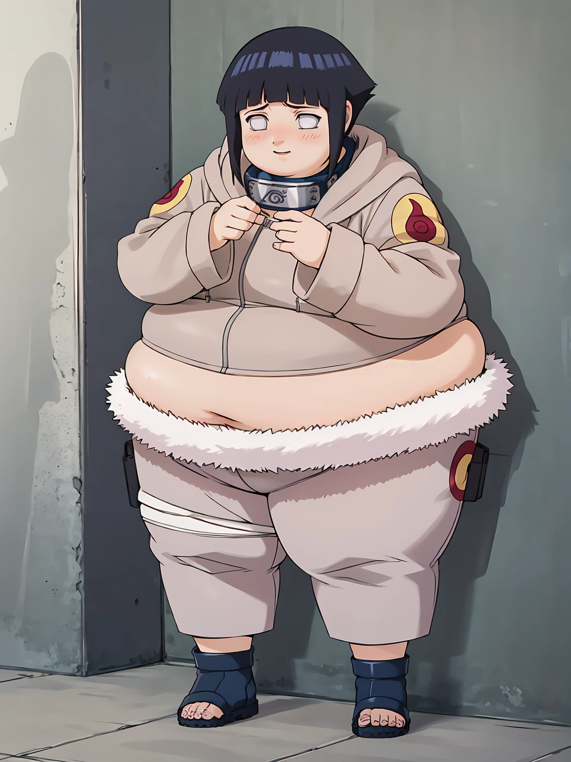 standing, shy, blush, obese hyuuga hinata, 1girl, black hair, short hair, white eyes, no pupils, jacket, coat, forehead protector, fur trim, konohagakure symbol, long sleeves, pant, sandals,, absurdres, ultra detailed, masterpiece, best quality, aesthetic, detailed, obese body