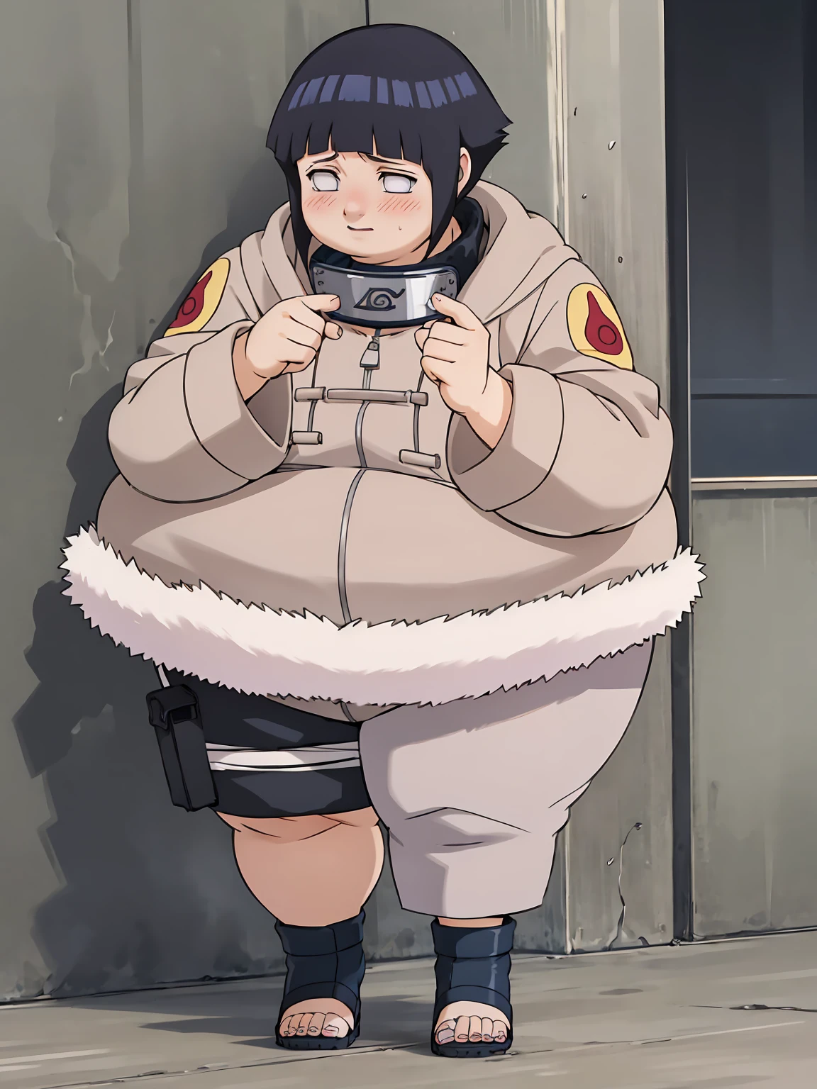 standing, shy, blush, obese hyuuga hinata, 1girl, black hair, short hair, white eyes, no pupils, jacket, coat, forehead protector, fur trim, konohagakure symbol, long sleeves, pant, sandals,, absurdres, ultra detailed, masterpiece, best quality, aesthetic, detailed, obese body