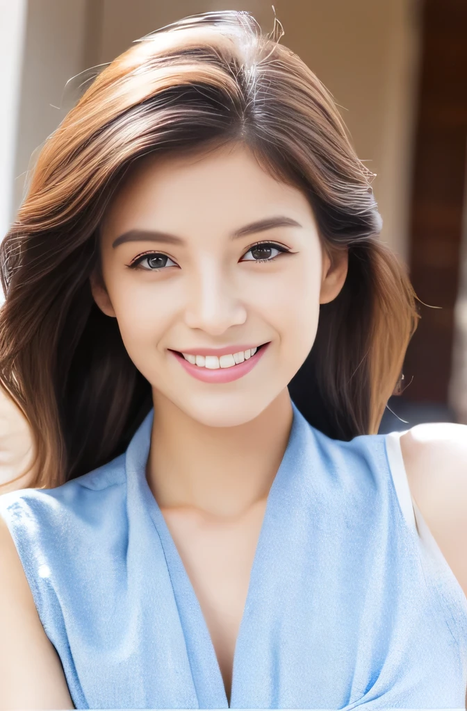 Beautiful woman with perfect eyes and nose、Model-like beauty、Cute like a model、Double Eyes、How to use regular mascara、Eye color is blue、Her hair color is pink.、Her face is delicate and elegant.、4K images、Beautiful style like a model、Usually large、A fresh and lovely smile、Overall image、Charming smile、Beautiful and delicate face like a model、highest quality、Masseter region、Beautiful smile、In a bright room、I'、The height of femininity、Adult smile、Sexy pose、Upper Body、