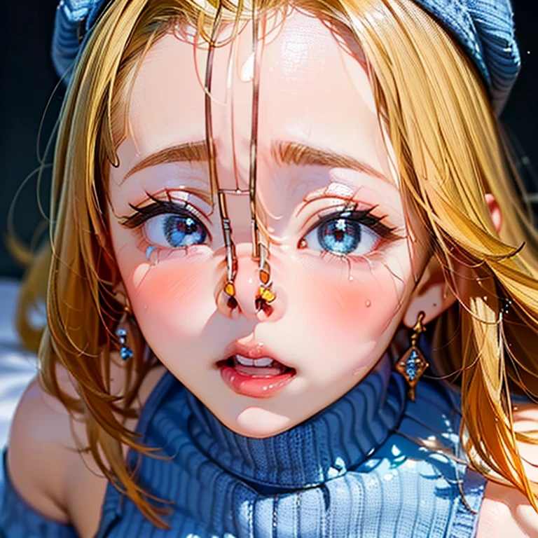 A girl is posing for a photo, cute小学生の女の子, face close-up:1.4, Face close up, ((Blue high neck knit dress:1.4), nose hook:1.4,nose_Needle:1.4)、 Earrings、
(((超High resolution)), ((highest quality)), ((masterpiece)), (Very detailed), (High resolution), (Beautiful sparkle), (High detail), (Anatomically correct)), ((Realistic)), ((The best CG)), Highly detailed art, CG illustration, 16k, 1080p, Oil paints:1.2,
(((One Woman))),
(Symmetrical facial features:1.4, Perfect Face), Beautiful clavicle, (Beautiful fingers), (Beautiful breasts, ((Small breasts))),
Beautiful body, Beautiful thighs, Beautiful legs, Perfect round ass, (((Detailed skin, Oily skin, Textured skin, Beautiful Skin:1.4))),
(((Baby Face, cute, ))),
(Droopy eyes:1.4, Expression of fine eyes, Beautiful and delicate eyes, Sparkling eyes, Eye Reflexes, dark red eyes),
(美しいnose,大きいnose),
(Glossy lips, Beautiful Lips, Thick lips),
(Beautiful Hair, Shiny Hair, Shiny Hair), Hair fluttering, (Blonde, Forehead:1.4, Straight Long Hair:1.4),
break
((torogao, drooling, shy, blush, open mouth, tsundere, naughty face、blush、Tears, View Viewer)),
(night、(Bedroom)), ((Seductive pose、Sexy pose,face close-up:1.4))