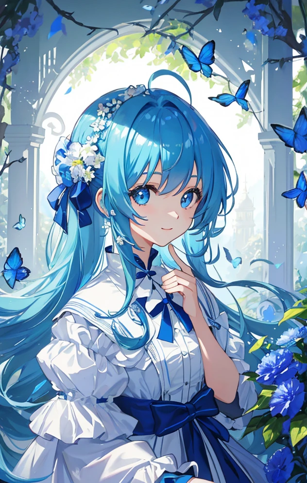 (masterpiece)、(best qualtiy)、(ultra-detailliert)、(dishevled hair)、(illustratio)、(1 girl in)、(Fashionable clothes)、is standing、fashion modell、see the beholder、(interview)、(simple background)、Fine and beautiful eyes、Delicate beautiful face、Planktonic、(a high chroma)、、Focus on Face、poneyTail、Kamisato colorful flowers、lightblue hair、bangss、hair rings、、The best lighting、Best Shadows、Blue butterfly in the upper left corner of the screen々、ssmile、tchibi、mascot
