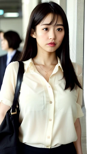 Pure girl, OL, Purely Japanese characteristics, A little plump, light makeup, , Natural and realistic eyes, office, Black business suit, White skip-collar blouse, Beige pantyhose, Black pumps、Sweating