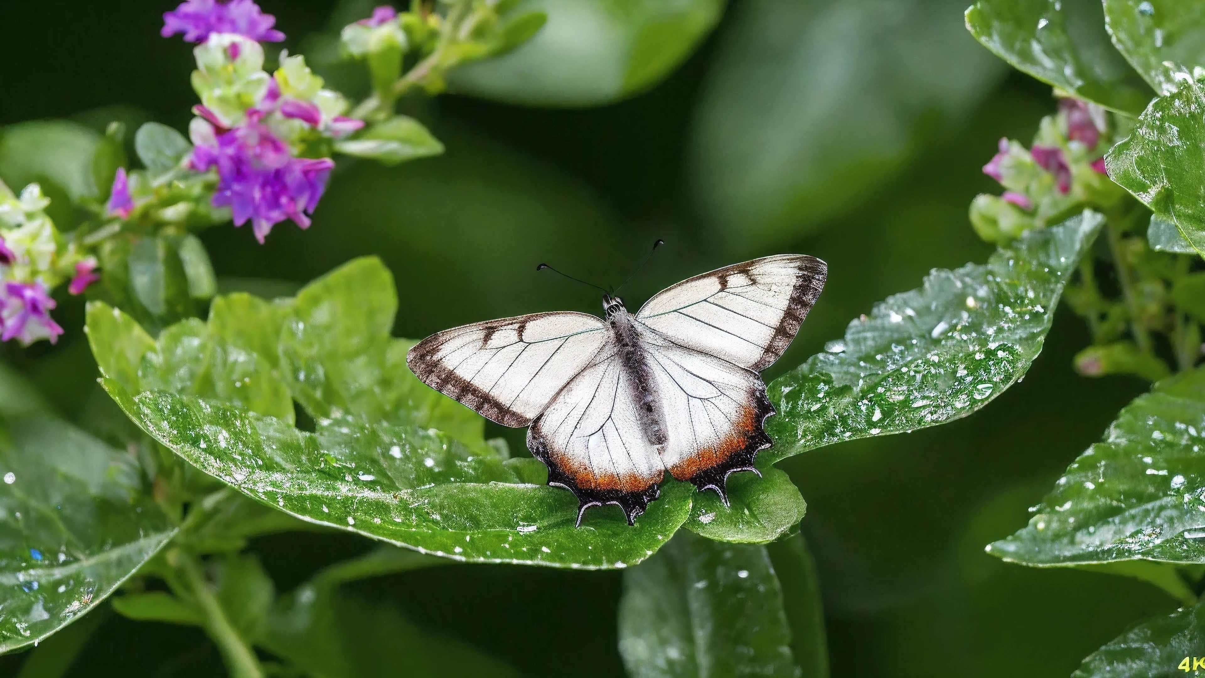(((highest quality, 4K, 8k, High resolution, masterpiece: 1.2))),A white-winged butterfly is resting on a jade flower, Dewdrops reflecting prismatic brilliance, In a forest glade where the dawn light shines through the mist