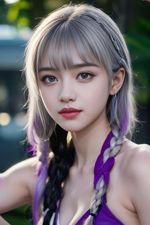 Super cute and beautiful young Cryptic girl in a revealing outfit、She has white hair that reaches her height and is braided in a purple gradient.、smile、Very detailed、4k、8k、High resolution、masterpiece:1.2、Super detailed、Photorealistic、Photorealistic:1.37、HDR、UHD 、Studio Lighting、Ultra Definition Painting、Sharp focus、Physically Based Rendering、Detailed Description、professional、Bright colors、Bokeh、Portrait、cute、cute、Adorable、colorful、Shiny、Shiny、Glowing Skin、Perfect Skin、Captivating eyes、Luscious Lips、Graceful pose、dynamic、Whimsical、Whimsical、Playful、fun、Hilarious、happy、Vibrant、bright、Magical Cryptic Girl