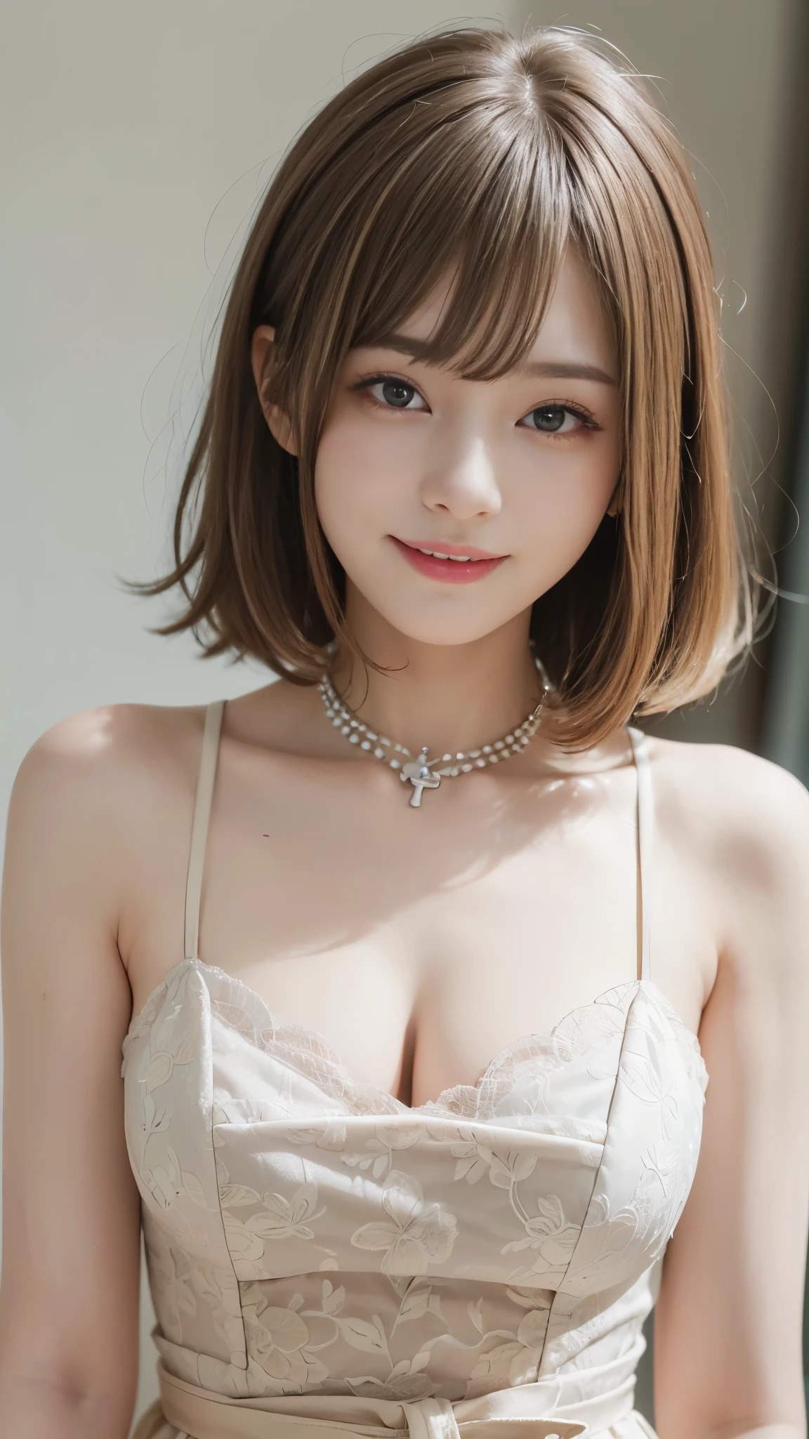 ((highest quality、Masterpiece、High resolution))、(((Zoom photo of upper body)))、(A shy smile:1.2)、One 15-year-old female、Beautiful Skin、Beautiful Eyes、dress、Trimmed bangs、Blonde Hair