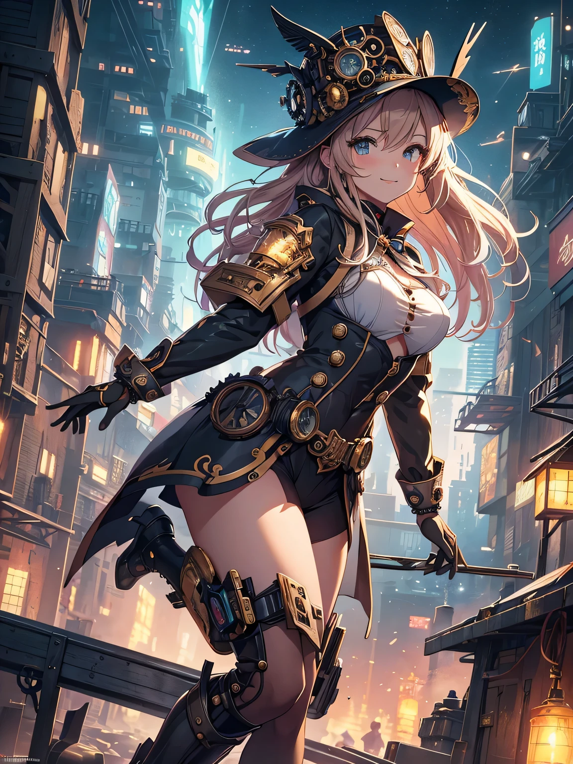 (Line art_anime),(full body,Low Angle, highest quality, ),(Laura Budd Photos:1.2),(Laura Add details:1.0),8k, Flat Color:0.8,1 girl,smile,(Highly decorative and complex mechanical steampunk fashion, Lace flare dolphin hat、goggleachinery background、Gear background、An elaborately mechanized steampunk cityscape 1.5),Cute pose,