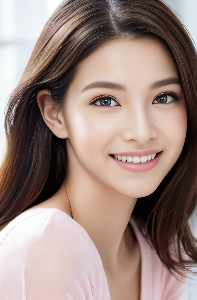 Beautiful woman with perfect eyes and nose、Model-like beauty、Cute like a model、Double Eyes、How to use regular mascara、Eye color is blue、Her hair color is pink.、Her face is delicate and elegant.、4K images、Beautiful style like a model、Usually large、A fresh and lovely smile、Overall image、Charming smile、Beautiful and delicate face like a model、highest quality、Masseter region、Beautiful smile、In a bright room、I&#39、The height of femininity、Adult smile、Sexy pose、Upper Body、