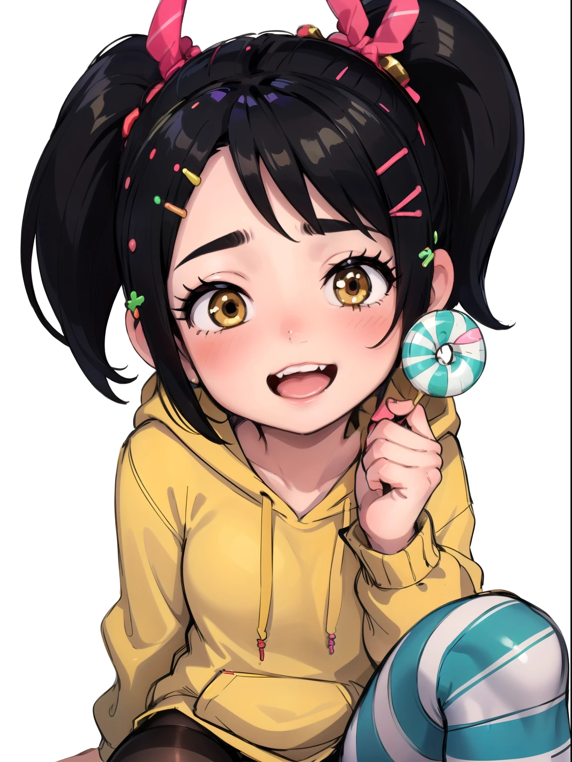 xyzvanellope, 1girl, beautiful, short, portrait, candy, solo, hair ornament, bow, striped, , hoodie, happy, green, striped pantyhose,holding pop